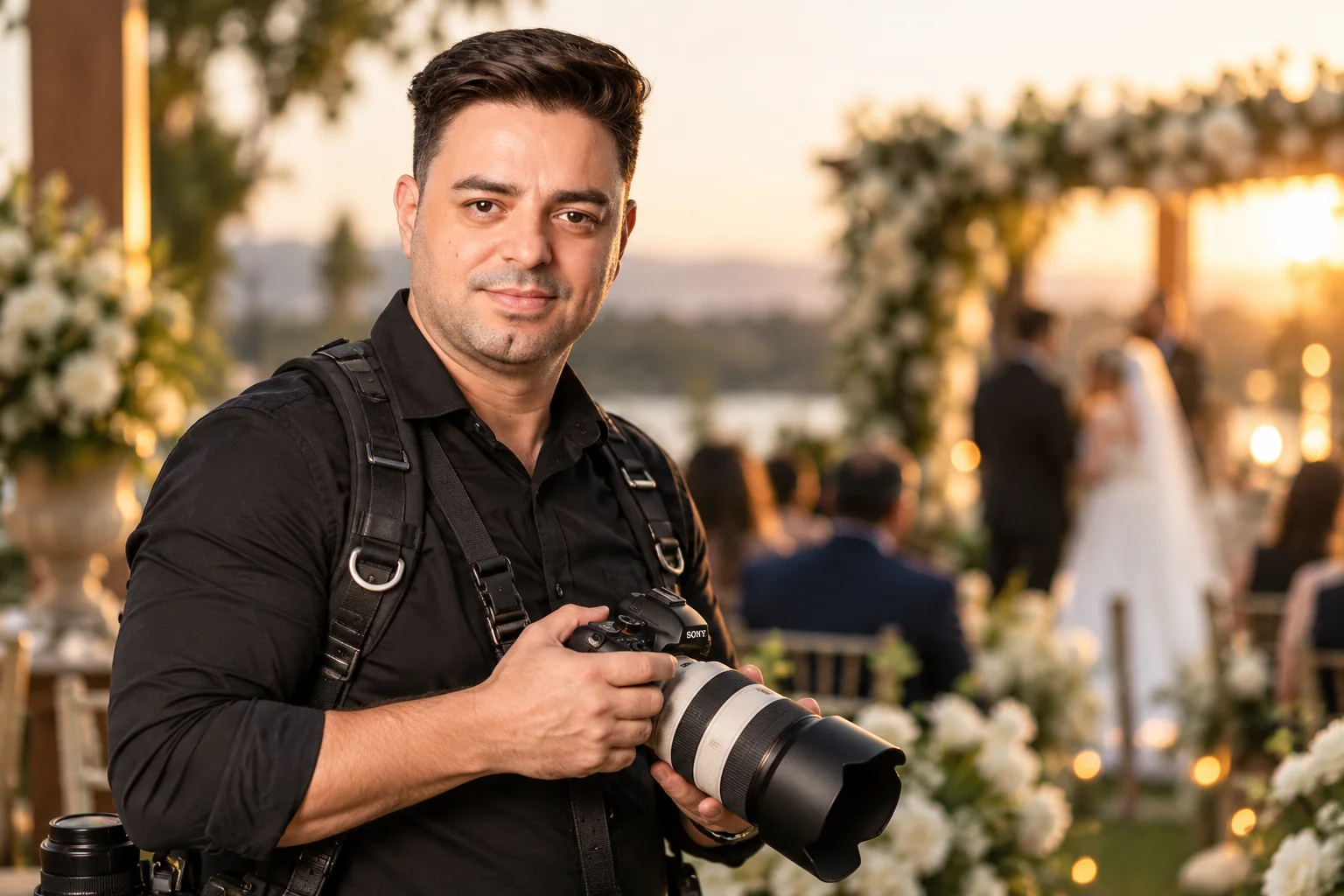 Lauro Menezes com sua câmera durante um casamento ao ar livre